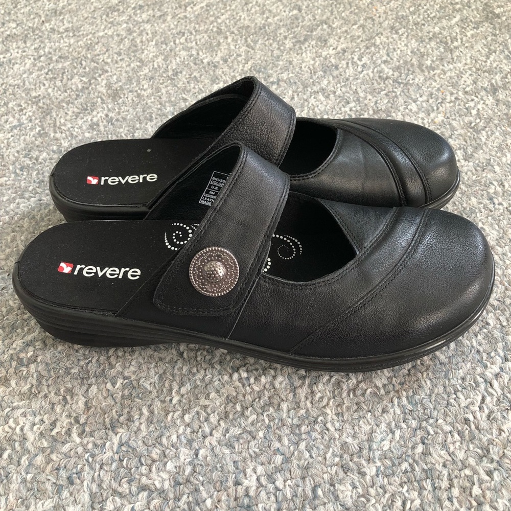 Revere Women's Black Leather Mule Clogs with Adjustable Strap